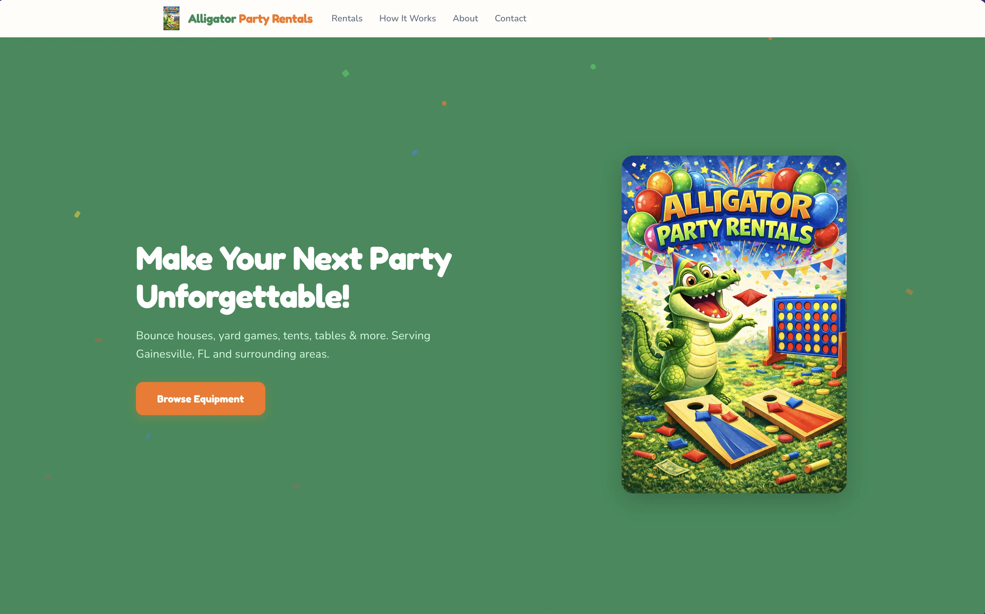 Screenshot of the Alligator Party Rentals website homepage