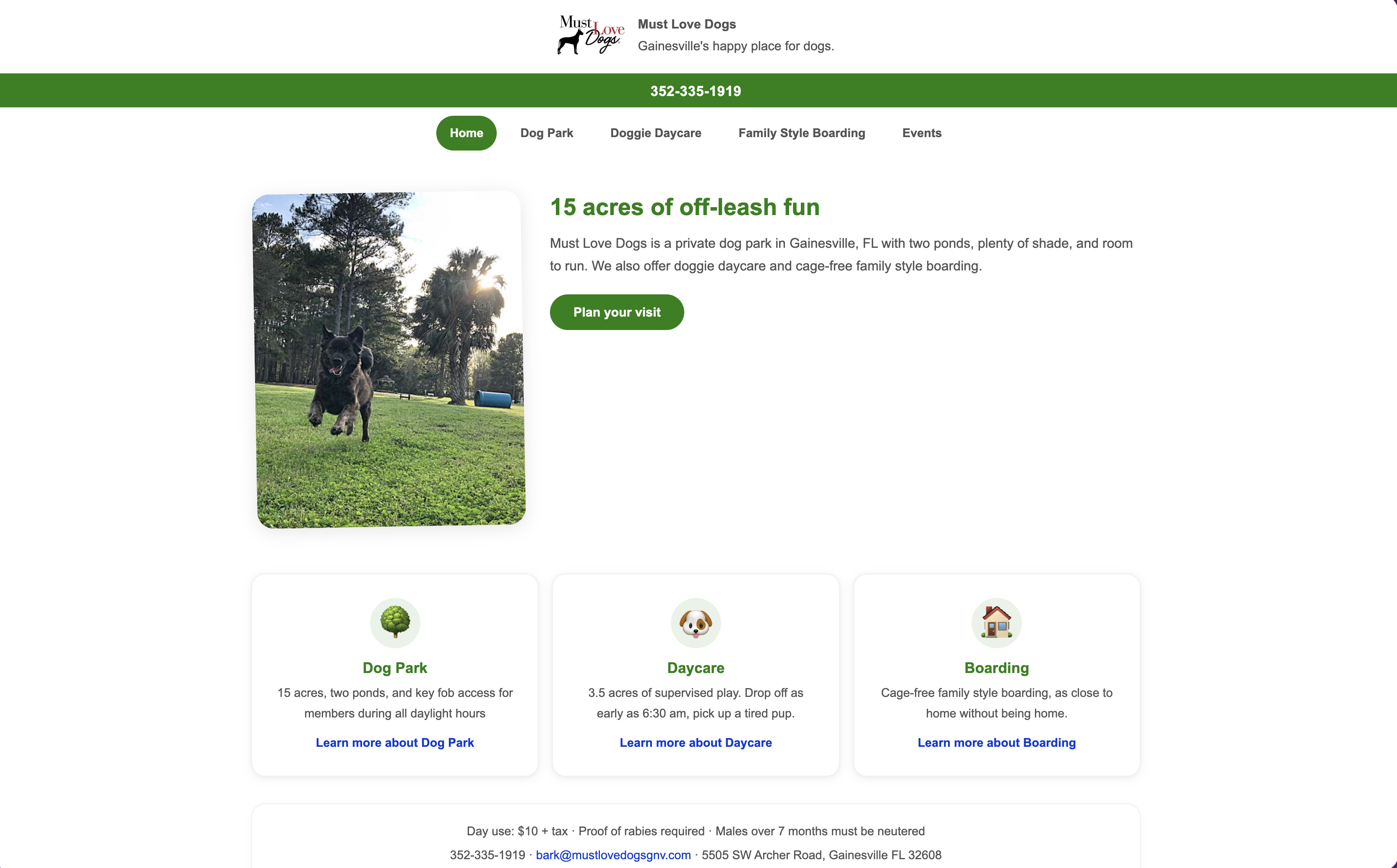 Screenshot of the Must Love Dogs GNV website homepage